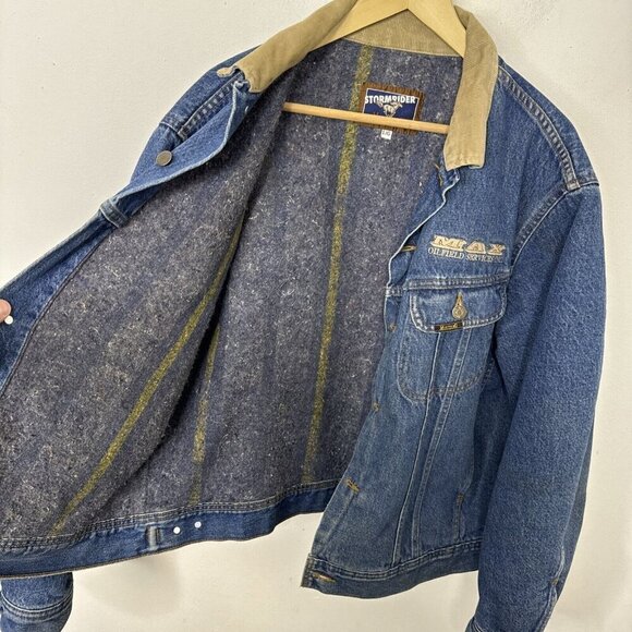 Mustang Stormrider Men L Blanket Lined Denim Jacket Blue Oilfield Logo - Picture 8 of 11